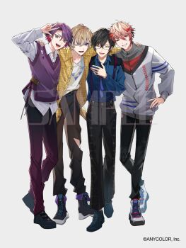 4boys arms_around_neck black_hair black_pants blue_shirt closed_eyes collared_shirt colored_inner_hair commentary_request copyright_notice flipped_hair full_body fura_kanato glasses gradient_pants grey_jacket grin hand_on_own_hip hand_up highres jacket knee_cutout looking_at_viewer male_focus multicolored_hair multiple_boys nemumi_no_sora nijisanji official_art one_eye_closed open_mouth pants pink_eyes pink_hair plaid_clothes plaid_shirt purple_eyes purple_hair purple_pants purple_vest sample_watermark seraph_dazzlegarden shikinagi_akira shirt shoes simple_background smile suspenders vest virtual_youtuber voltaction w watarai_hibari watermark white_background white_shirt white_shoes yellow_eyes yellow_shirt zipper