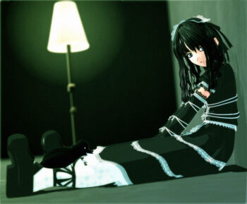 1girl 3d black_hair ekkusu_kyuuzu female_focus full_body goth_fashion gothic_lolita green_theme indoors lolita_fashion original pantyhose sitting solo