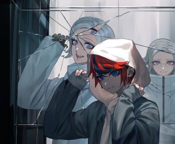 3boys aotsuki_eito black_gloves black_hair black_jacket blue_eyes clenched_teeth coat collared_jacket commentary_request crack cracked_glass eyelashes fingernails fug_uai glasses gloves grey_hair hood hood_up hoodie jacket long_sleeves looking_at_another looking_at_viewer male_focus multicolored_hair multiple_boys open_clothes open_jacket open_mouth parted_hair red_hair rimless_eyewear sleeves_past_wrists smile streaked_hair sumino_takumi teeth the_hundred_line_-last_defense_academy- tongue white_coat white_hoodie zipper