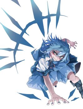 1girl absurdres blue_eyes blue_hair blue_nails blue_shirt blue_skirt cirno collared_shirt fairy grin hand_on_ground highres ice muraryo red_ribbon ribbon shirt shirt_ribbon short_hair short_sleeves simple_background skirt smile touhou white_background white_shirt