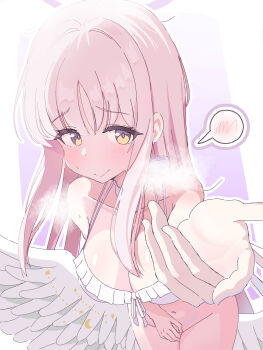 1girl angel_wings bikini bikini_top_only blue_archive blush bottomless breasts cleavage covering_privates crescent_moon embarrassed frilled_bikini frills front-tie_bikini_top front-tie_top halo large_breasts long_hair mika_(blue_archive) mika_(swimsuit)_(blue_archive) moon multicolored_eyes navel offering_hand otintinsukidesu pink_hair purple_eyes reaching reaching_towards_viewer sidelocks smile solo spoken_blush standing sweat swimsuit white_bikini white_wings wing_ornament wings yellow_eyes