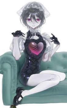 1other absurdres black_gloves black_shorts black_vest clothes_pull clothing_request couch cropped_vest eyelashes gloves grey_hair hair_between_eyes highres hollow_body looking_at_viewer mary_janes on_couch original oxo_404 pantyhose parted_lips pink_eyes puffy_sleeves ribbon see-through_clothes see-through_veil shirt shoes shorts sitting solo veil vest wariza white_pantyhose white_shirt white_veil