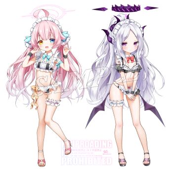 2girls :d ahoge alternate_costume alternate_hairstyle anzu_ame apron arm_ribbon bikini black_bikini black_halo black_horns black_sandals black_wrist_cuffs blue_archive blue_bow blue_bowtie blue_eyes blue_ribbon blush bow bow_bikini bowtie breasts buttons closed_mouth commentary_request demon_girl demon_horns demon_wings detached_collar detached_sleeves dot_nose enmaided fang feet flat_chest floating_hair forehead frilled_apron frilled_bikini frilled_sleeves frilled_thigh_strap frilled_wrist_cuffs frills full_body gluteal_fold hair_bow halo hands_up heart heart_button heterochromia highres hina_(blue_archive) horns hoshino_(blue_archive) huge_ahoge legs loli long_hair looking_at_viewer low_twintails low_wings maid maid_apron maid_bikini maid_headdress multi-strapped_bikini_bottom multiple_girls multiple_horns navel open_mouth orange_bow own_hands_together parted_bangs pink_hair pink_halo ponytail puffy_short_sleeves puffy_sleeves purple_eyes purple_halo red_bow red_bowtie ribbon sample_watermark sandals short_sleeves sidelocks simple_background slit_pupils small_breasts smile standing standing_on_one_leg stomach swimsuit thigh_gap thigh_strap thighs toes twintails unconventional_maid v_arms very_long_hair waist_apron watermark white_apron white_background white_hair wings wrist_cuffs yellow_eyes zoom_layer