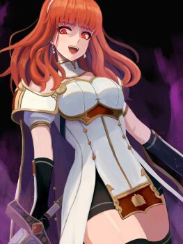 1girl armor aura black_gloves black_skirt black_thighhighs breastplate breasts cape celica_(fire_emblem) celica_(imprisoned_soul)_(fire_emblem) choker corruption dark_aura dark_persona dress duma_(fire_emblem) earrings evil_smile fingerless_gloves fire_emblem fire_emblem_echoes:_shadows_of_valentia fire_emblem_heroes gloves highres holding holding_sword holding_weapon intelligent_systems jewelry labebebe_lee long_hair medium_breasts nintendo orange_eyes orange_hair possessed possession princess red_eyes red_hair skirt smile solo sword thighhighs thighs tiara weapon white_armor white_dress witch