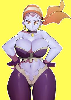 Rule 34 | 1girl, bandeau, bare shoulders, breasts, breasts squeezed together, choker, curvy, earrings, geo-tempest, hair pulled back, hands on own hips, huge breasts, jewelry, midriff, navel, pants, parted lips, purple pants, red eyes, risky boots, shantae (series), shantae and the pirate's curse, skindentation, solo, thighs, wrist cuffs, yellow background