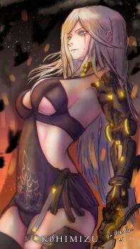 1girl absurdres art_trade artist_name bleeding blood bloody_tears blue_eyes blurry blurry_background breasts commentary embers english_commentary frenlyse highres k0himizu large_breasts long_hair mechanical_arms nier_(series) nier_reincarnation pink_lips prosthesis prosthetic_arm single_mechanical_arm solo standing thighs white_hair