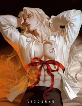 1boy abs alucard_(castlevania) artist_name bare_pectorals bishounen black_background black_pants castlevania:_symphony_of_the_night castlevania_(series) closed_eyes closed_mouth collared_shirt commentary english_commentary frilled_sleeves frills long_hair long_sleeves lying male_focus navel on_back open_clothes open_shirt pants parted_hair pectorals pointy_ears shirt solo viccerys white_hair
