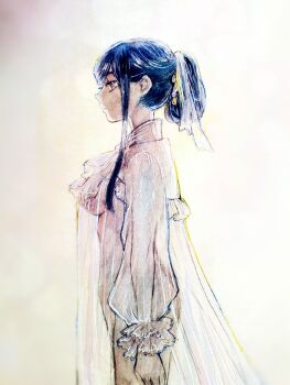 1girl black_hair breasts brown_eyes cowboy_shot dress expressionless from_side highres hitsuki_(hiidukii) honzuki_no_gekokujou long_dress long_sleeves medium_breasts myne_(honzuki_no_gekokujou) no_panties painting_(medium) ponytail puffy_long_sleeves puffy_sleeves see-through_clothes see-through_dress see-through_sleeves single_sidelock solo traditional_media watercolor_(medium)