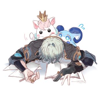 Rule 34 | 1boy, anaxa (honkai: star rail), aqua hair, black jacket, blue eyes, book, chimera (honkai: star rail), commentary request, creature, crown, fingernails, gloves, hair intakes, highres, honkai: star rail, honkai (series), jacket, jewelry, little ica (honkai: star rail), male focus, multiple rings, open book, partially fingerless gloves, ring, simple background, single glove, sketch, solo, terubayashi, upper body, white background