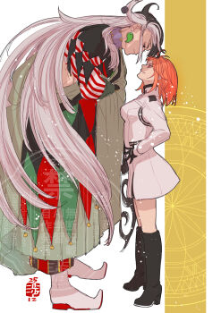 Rule 34 | 1boy, 1girl, absurdres, ashiya douman (fate), asymmetrical clothes, asymmetrical hair, bell, black boots, black eyes, boots, commentary request, crossed arms, curly hair, earrings, fate/grand order, fate (series), fujimaru ritsuka (female), fujimaru ritsuka (female) (decisive battle chaldea uniform), grimace, hair bell, hair ornament, hands on own hips, height difference, highres, jewelry, long hair, looking at another, magatama, magatama earrings, multicolored hair, orange eyes, orange hair, partial commentary, split-color hair, stare down, taruhu (ej5 zzom)