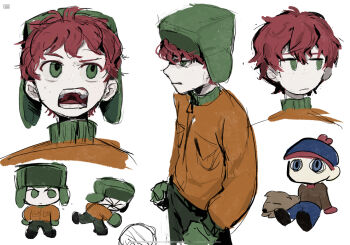 Rule 34 | 2boys, angry, chibi, gloves, green eyes, green hat, hat, jacket, kaixinchafang, kyle broflovski, male focus, multiple boys, multiple views, orange jacket, red hair, south park, stan marsh, ushanka