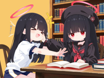 >_< 2girls :o beret black_choker black_hair black_hat black_shirt blue_archive blunt_bangs book book_stack bookshelf choker commentary_request gym_shirt gym_uniform halo hat indoors justice_task_force_member_(blue_archive) library long_hair multiple_girls mutsuse neckerchief reading red_eyes red_neckerchief rejected_hug school_uniform serafuku shirt sitting straight_hair translation_request very_long_hair