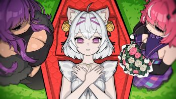 3girls ahoge animal_ear_fluff animal_ears bell black_dress black_ribbon blurry bouquet breasts camila_(cami_2.0)_(vtuber) camila_(vtuber) cat_ears cat_girl cha_cha_(vtuber) cleavage coffin commentary corpse dark-skinned_female dark_skin dress english_commentary eyelashes filian_(vtuber) flower from_above funeral grass haedgie hair_bell hair_intakes hair_ornament hair_ribbon holding holding_bouquet indie_virtual_youtuber jewelry large_breasts long_hair multicolored_hair multiple_girls necklace official_art outdoors pink_flower pink_hair purple_dress purple_eyes purple_hair ribbon rindo_(vrchat) second-party_source streaked_hair two-tone_hair video_thumbnail virtual_youtuber white_dress white_flower white_hair youtube_video_thumbnail