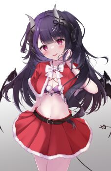 Rule 34 | 1girl, absurdres, auroralive, belt, black belt, black hair, black ribbon, black wings, blush, bow, bowtie, bra, breasts, capelet, cleavage, commentary, commission, cowboy shot, demon girl, demon horns, demon tail, demon wings, fangs, fur-trimmed capelet, fur-trimmed skirt, fur trim, gradient background, gradient horns, grey background, highres, horn ornament, horn ribbon, horns, long hair, mole, mole under eye, multicolored hair, multicolored horns, navel, open mouth, pink eyes, pleated skirt, purple bra, purple hair, red capelet, red skirt, ribbon, santa costume, simple background, skeb commission, skirt, solo, tail, two-tone hair, two side up, underboob, underwear, ustn (usatan), virtual youtuber, white background, white bow, white bowtie, wings, yamine neru