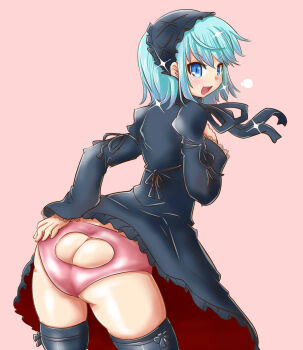 Rule 34 | 1boy, 2channel, 2channel (/livejupiter/), aile-kun, ass, ass cutout, ass focus, blue eyes, blue hair, blush, butt crack, clothing cutout, commentary request, cosplay, cowboy shot, crossdressing, crossdressing (mtf), dress, frilled hairband, frills, grey dress, grey hairband, grey thighhighs, hairband, highres, itini-sanshi, long sleeves, looking at viewer, looking back, male focus, manatsu no yo no inmu, neck ribbon, necktie dekasugi, necktie dekasugi (cosplay), open mouth, pink background, ribbon, short hair, simple background, sleeve ribbon, smile, solo, sparkle, thighhighs, trap