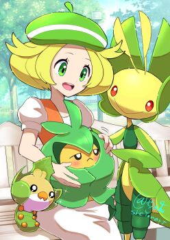 1girl :d artist_name bianca_(pokemon) blonde_hair dress evolutionary_line gen_5_pokemon green_eyes green_hat hat highres leavanny nintendo on_lap open_mouth orange_vest pokemon pokemon_(creature) pokemon_bw pokemon_on_lap puffy_short_sleeves puffy_sleeves sewaddle sheyona short_hair short_sleeves sitting smile swadloon teeth upper_teeth_only vest white_dress