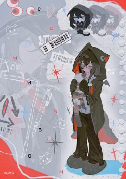 Rule 34 | 1boy, absurdres, animal, animal hood, barcode, bat wings, black coat, black gloves, black hair, black pants, black shoes, black wings, blue eyes, cat, chibi, chibi inset, closed mouth, coat, crossed bangs, dot nose, full body, gloves, hair between eyes, hair ornament, highres, hood, hood up, izumi 087, long hair, looking at animal, multiple views, original, pants, shirt, shoes, sidelocks, standing, wings