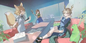 3girls animal_ears antlers artist_request black_shoes blonde_hair blue_shirt bo_staff brown_hair circlet couch crossed_legs detached_sleeves dragon_horns dragon_tail dress fox_ears fox_girl fox_tail game_cg green_dress green_ribbon green_scales green_tail grin highres horns kicchou_yachie kudamaki_tsukasa long_sleeves low_twintails mary_janes monkey_girl monkey_tail multicolored_dress multiple_girls neck_ribbon office official_art on_couch open_mouth otter otter_spirit_(touhou) paper prehensile_tail red_eyes ribbon romper shirt shoes short_hair short_sleeves single-shoulder_dress single_detached_sleeve single_strap sitting sleeve_ribbon smile son_biten table tail third-party_source touhou touhou_lostword turtle_shell twintails white_romper wolf_spirit_(touhou) yellow_dress yellow_horns