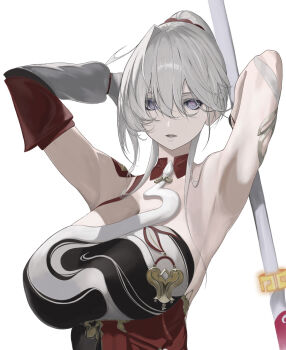 1girl armpits arms_up breasts commentary_request detached_sleeves dress highres holding holding_staff honkai_(series) honkai_impact_3rd huge_breasts kiana_kaslana kiana_kaslana_(ba-dum!_fiery_wishing_star) large_breasts long_hair looking_at_viewer ponytail simple_background snake solo staff upper_body vespar4 white_background white_hair white_snake