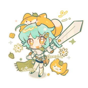 Rule 34 | 1girl, :3, :d, animal, animal on head, aqua hair, black shoes, blue shorts, blush stickers, chibi, chibi only, commentary, dog, dot nose, fanqiealxe, full body, gloves, highres, holding, holding sword, holding weapon, looking at viewer, on head, open mouth, orange eyes, original, sample watermark, shoes, short hair, shorts, simple background, smile, socks, solo, standing, star-shaped pupils, star (symbol), sword, symbol-only commentary, symbol-shaped pupils, watermark, weapon, white background, white gloves, white socks