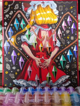 1girl art_tools_in_frame backless_shirt bare_shoulders blonde_hair clothing_cutout crystal_wings flandre_scarlet frilled_skirt frills from_behind gem hat highres mob_cap photo_(medium) red_shirt red_skirt shirt short_sleeves shoulder_cutout skirt solo touhou traditional_media utyouten_akako wings