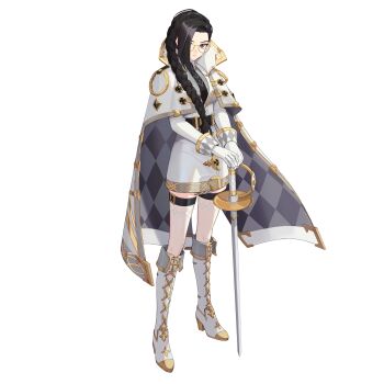 1girl adela_gro artist_request black_hair black_survival boots braid braided_ponytail cape closed_mouth eternal_return:_black_survival glasses gloves grey_eyes highres knee_boots official_art solo standing sword third-party_source transparent_background weapon white_gloves yellow-framed_eyewear