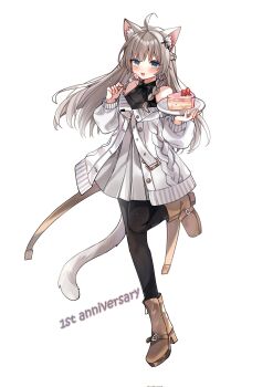 1girl ahoge animal_ears bare_shoulders black_pantyhose black_shirt blue_eyes boots braid brown_boots brown_hair cake cat_ears cat_girl cat_tail food fork full_body high-waist_skirt highres holding holding_fork holding_plate jacket long_hair looking_at_viewer off-shoulder_jacket off_shoulder pantyhose plate shinano_(vrchat) shirt simple_background single_braid skirt solo standing standing_on_one_leg tail vrchat white_background white_jacket white_skirt zunda_rozhlas