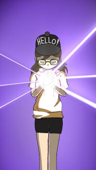 Rule 34 | 1girl, baseball cap, bike shorts, biomerge, black-framed eyewear, breasts, brown eyes, brown hair, closed eyes, curled fingers, digimon, digimon tamers, energy, expressionless, eyelashes, f20000, facing down, female focus, flashlight, floating hair, glasses, hair between eyes, hands on own chest, hat, highres, hood, hoodie, legs, legs together, long hair, looking down, matching hair/eyes, neck, original, own hands together, short shorts, short sleeves, shorts, sidelocks, small breasts, thighs, wavy hair, wristband