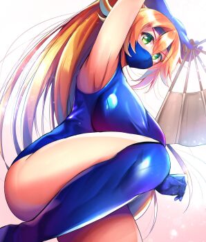 1girl blonde_hair blue_leotard blue_mask blue_thighhighs character_request commission cosplay folding_fan green_eyes hand_fan highres holding holding_fan kitana kitana_(cosplay) leotard mask mortal_kombat_(series) mouth_mask ninja ninja_mask niwatori_(eck16614) ponytail skeb_commission thighhighs