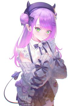 1girl aran_sweater beret black_bow black_bowtie black_skirt bow bowtie cable_knit cardigan collared_shirt commentary cross-laced_clothes cross-laced_sleeves demon_girl demon_tail ear_piercing earrings fake_horns frilled_shirt frilled_sleeves frills gradient_hair green_eyes grey_cardigan hair_bun hair_ornament hairclip hands_up hat heart heart_earrings highres hololive horned_headwear horns jewelry jirai_kei long_hair looking_at_viewer miniskirt multicolored_hair official_alternate_costume official_alternate_hairstyle open_cardigan open_clothes piercing pink_hair pleated_skirt pointy_ears pom_pom_(clothes) purple_hair shirt short_sleeves side_up_bun simple_background single_hair_bun skirt sleeves_past_wrists solo spiked_ear_piercing suspender_skirt suspenders sweater swept_bangs tail tail_ornament tail_piercing tokoyami_towa tokoyami_towa_(jirai_kei) tori_udon virtual_youtuber white_background white_shirt x_hair_ornament