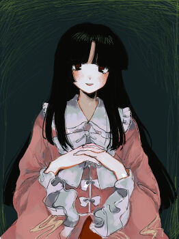 1girl absurdres black_hair blunt_bangs blunt_ends blush bow bowtie commentary frilled_sailor_collar frilled_sleeves frills green_background highres hime_cut houraisan_kaguya light_smile long_hair long_sleeves looking_at_viewer own_hands_together pink_shirt sailor_collar shirt solo straight_hair subaru_(user_tmwv7722) touhou upper_body very_long_hair white_bow white_bowtie white_sailor_collar