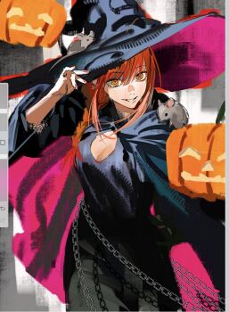 1girl @_@ alternate_costume animal animal_on_head animal_on_shoulder art_program_in_frame avandee11949 black_background black_cloak black_dress black_hat blunt_bangs braid breasts chain chainsaw_man cleavage cleavage_cutout cloak clothing_cutout commentary_request cowboy_shot dress eyelashes hair_between_eyes hair_over_shoulder halloween halloween_costume hand_on_headwear happy hat highres jack-o&#039;-lantern large_hat long_hair long_sleeves looking_at_viewer makima_(chainsaw_man) medium_breasts mouse_(animal) nail_polish nostrils on_head open_mouth outline pink_clouds pink_hat pink_nails procreate_(medium) procreate_(software) red_hair red_outline single_braid smile solo two-sided_cloak two-sided_fabric two-sided_headwear two-tone_background white_background witch yellow_eyes