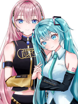 2girls absurdres aqua_eyes aqua_hair aqua_nails aqua_necktie aqua_trim arm_tattoo black_dress black_sleeves blue_eyes breasts closed_mouth collared_shirt commentary_request detached_sleeves dress hatsune_miku headset highres holding holding_hands light_blush long_hair long_sleeves maarin_(59567861) medium_breasts megurine_luka midriff multiple_girls navel necktie number_tattoo pink_hair shirt simple_background sleeveless sleeveless_dress sleeveless_shirt smile stomach tattoo very_long_hair vocaloid white_background wide_sleeves