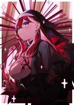 1girl absurdres black_coif black_dress black_romper black_wings braid breasts capelet church cleavage cleavage_cutout clothing_cutout coif covering_breasts covering_privates criss-cross_straps cross cup dress drinking_glass ear_chain earrings from_below gem grey_capelet hair_between_eyes halo head_wings high-waist_shorts highres jewelry konkon_aria large_breasts latin_cross light_smile linked_piercing long_hair long_sleeves low_wings nemoto_yuuma neo-porte nun piercing purple_eyes purple_gemstone red_hair romper shirt shorts sidelocks solo upper_body virtual_youtuber wine_glass wings