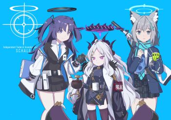3girls ahoge animal_ear_fluff animal_ears armband assault_rifle belt belt_pouch black_coat black_gloves black_jacket black_skirt black_thighhighs blazer blue_archive blue_background blue_eyes blue_necktie blue_scarf bookmark coat coat_on_shoulders coffee coffee_mug coffee_pot collared_shirt commentary_request cross_hair_ornament cup demon_girl demon_horns demon_wings dual_wielding english_text forehead fur-trimmed_coat fur_trim gloves graphing_calculator green_gloves grey_hair gun hair_between_eyes hair_ornament hairclip halo height_difference highres hina_(blue_archive) holding holding_coffee_pot holding_cup holding_notebook horns id_card jacket leaning_forward long_hair long_sleeves looking_at_viewer medium_hair military_uniform miniskirt mismatched_pupils mug multiple_girls necktie notebook open_clothes open_coat parted_bangs pencil_skirt plaid_clothes plaid_skirt pleated_skirt ponytail pouch purple_eyes purple_hair red_armband rifle scarf school_uniform shiroko_(blue_archive) shirt side_slit sidelocks sig_sauer_556 simple_background single_glove skirt thighhighs triangle_hair_ornament two-tone_gloves two_side_up wavy_hair weapon weapon_on_back white_coat white_shirt wings wireless_earphones wolf_ears wolf_girl yukimi_unagi yuuka_(blue_archive) zettai_ryouiki
