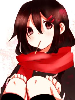 1girl aoi_choko_(aoichoco) black_hair enpera female_focus food hair_ornament hairclip kagerou_project long_hair monaco0704 pocky red_scarf scarf school_uniform serafuku solo tateyama_ayano