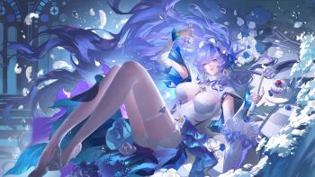 1girl absurdres blue_eyes blue_flower bottle breasts bubble cake cantarella_(wuthering_waves) chinese_commentary closed_umbrella commentary_request dress earrings feathers flower food garter_straps hair_between_eyes hair_flower hair_ornament headdress high_heels highres holding holding_bottle holding_umbrella jewelry large_breasts long_hair looking_at_object official_art parasol parted_lips purple_hair shoes shrug_(clothing) shuangbatian single_garter_strap single_thighhigh smile solo thighhighs thighs umbrella very_long_hair white_dress white_feathers white_garter_straps white_shoes white_shrug white_thighhighs wuthering_waves