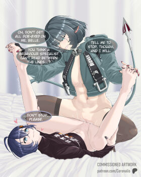 2girls abs absurdres age_difference bed belle_(zenless_zone_zero) blue_eyes blue_hair coronalis curtains feet green_eyes green_hair grin highres jacket jane_doe_(zenless_zone_zero) long_sleeves looking_at_another multiple_girls nail_polish older_female_and_younger_male pussy smile tail thighhighs tribadism yuri zenless_zone_zero