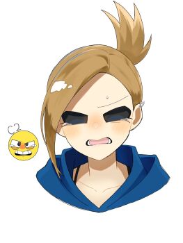 1girl animification blue_hoodie blush brown_hair commentary_request cropped_shoulders crying crying_with_eyes_open earrings eddsworld eyebrow_piercing face_piercing highres hollow_eyes hood hood_down hoodie jewelry looking_at_viewer open_mouth piercing reference_inset roshii_(ionlw0gynh24926) simple_background solo tamara_(eddsworld) tears topknot white_background