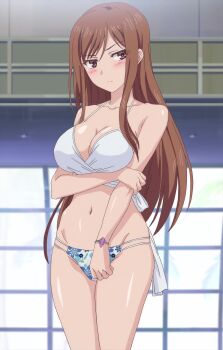 1girl absurdres anime_screenshot arm_under_breasts ayane_shirakawa bikini blush breasts brown_eyes brown_hair cleavage collarbone groin highres large_breasts long_hair looking_to_the_side navel overflow_(anime) sidelocks stitched stomach swimsuit thighs third-party_edit white_bikini