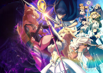 2boys 6+girls abyss_king alabaster_(kekkon_yubiwa_monogatari) amber_idanokan animal_ear_fluff animal_ears anime_coloring arm_up beard black_cape black_dress black_hair blonde_hair blue_hair breasts cape capelet cat_ears cat_girl character_request cleavage commentary_request dress elf facial_hair granat_needakitta green_capelet highres holding holding_staff holding_sword holding_weapon jewelry kekkon_yubiwa_monogatari key_visual large_breasts long_hair mage_staff magic morion_ravri_nokanatika multiple_boys multiple_girls necklace nephrites_lomka nonaka_himeno official_art old old_man pink_dress pointy_ears promotional_art saphir_maasa satou_haruto short_hair spoilers staff strapless strapless_dress sword textless_version twintails two-handed underboob weapon white_dress white_hair