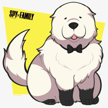 absurdres animal animal_focus black_bow black_bowtie black_eyes bond_(spy_x_family) border bow bowtie copyright_name dog full_body highres looking_at_viewer no_humans open_mouth solo spy_x_family white_border white_dog woofzilla