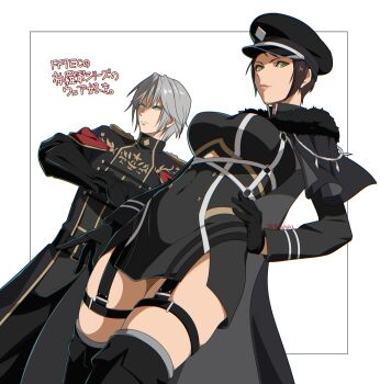 1boy 1girl aqua_eyes black_boots black_cape black_capelet black_dress black_gloves black_hair black_hat black_jacket black_thighhighs boots breasts cape capelet closed_mouth clothing_cutout copyright_name dress epaulettes final_fantasy final_fantasy_vii final_fantasy_vii_ever_crisis fur-trimmed_cape fur_trim garter_straps gloves gold_trim green_eyes grey_hair hair_between_eyes hand_on_own_hip hat highres igusaharu jacket light_smile looking_at_viewer lucia_lin lucia_lin_(shinra_ceremonial_uniform) medium_breasts military_hat military_jacket military_uniform official_alternate_costume red_cape sephiroth sephiroth_(ever_crisis) sephiroth_(shinra_formal_uniform) short_dress stomach_cutout thigh_boots thighhighs twitter_username white_background
