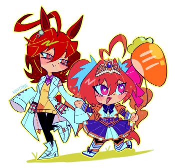 2girls agnes_tachyon_(tach-nology)_(umamusume) agnes_tachyon_(umamusume) ahoge animal_ears balloon black_pantyhose black_thighhighs blue_jacket blush blush_stickers bow breasts brown_hair center_frills chemical_structure closed_mouth coat commentary cork daiwa_scarlet_(peak_blue)_(umamusume) daiwa_scarlet_(umamusume) earrings english_commentary epaulettes fang frills hair_between_eyes hair_intakes highres holding holding_balloon horse_ears horse_girl horse_tail jacket jewelry koutone9 lab_coat layered_skirt long_hair long_sleeves multiple_girls necktie open_mouth pantyhose red_eyes shirt shoes short_necktie single_earring skirt sleeves_past_fingers sleeves_past_wrists smile sweater sweater_vest tail test_tube thighhighs tiara twintails umamusume very_long_hair white_coat white_shirt white_skirt wolf_cut yellow_sweater yellow_sweater_vest