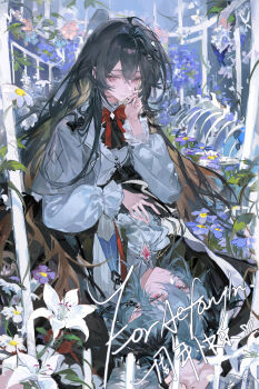 1boy 1girl ascot black_hair blue_butterfly bow bowtie bug butterfly closed_mouth colored_inner_hair commission crossed_bangs flower gem grey_hair hair_between_eyes hair_intakes hair_wings hand_on_another&#039;s_chest hand_on_own_cheek hand_on_own_face highres insect jewelry leaf lily_(flower) lips long_hair long_sleeves looking_at_another lu_sangw medium_hair multicolored_hair necklace original pink_flower purple_flower red_bow red_bowtie red_eyes red_gemstone sidelocks sitting skeleton white_ascot white_flower white_lily