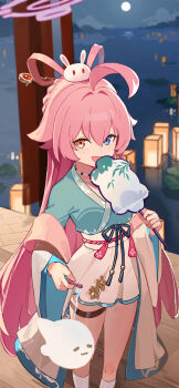 1girl ahoge bag blue_archive blue_eyes chinese_clothes chongchongbao_mushi cotton_candy feixianji_(hairstyle) food full_moon hair_between_eyes hair_ornament hair_rings halo hand_fan hanfu heterochromia highres holding holding_lantern hoshino_(blue_archive) hoshino_(mid-autumn_festival)_(blue_archive) jiaoling_ruqun lantern leg_ribbon long_hair long_sleeves looking_at_viewer moon night night_sky open_mouth orange_eyes outdoors pink_hair ribbon sky smile socks solo tuanshan wide_sleeves yellow_eyes