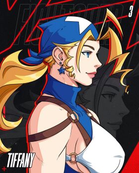 Rule 34 | 1girl, blonde hair, blue eyes, breasts, capcom, earrings, highres, jewelry, jhony caballero, justice gakuen, large breasts, long hair, sideboob, solo, tiffany lords, underboob