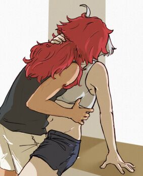 2girls black_shorts black_tank_top bra female_focus grey_bra grey_hair gundam gundam_suisei_no_majo hand_in_another's_hair hand_on_another's_waist haru_izumizu highres kiss long_hair miorine_rembran multiple_girls navel red_hair shorts suletta_mercury tank_top underwear white_shorts yuri