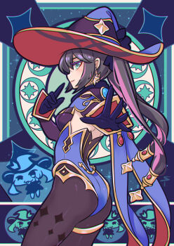 1girl ass black_hair black_pantyhose breasts cape commentary earrings english_commentary from_side genshin_impact hat jewelry kaizeru leotard long_hair mona_(genshin_impact) panties pantyhose print_panties profile purple_cape purple_hat purple_leotard reaching reaching_towards_viewer solo standing star_(symbol) star_earrings thighlet twintails underwear witch_hat