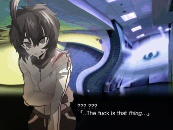 Rule 34 | 1boy, @ @, absurdres, adidas, ahoge, backrooms (creepypasta), black eyes, black hair, cowboy shot, dialogue box, english text, hair between eyes, highres, huge ahoge, injury, jacket, long sleeves, male focus, monster, nightcore (n19htc0r333), open mouth, original, profanity, scared, short hair, solo, sweat, torn clothes, torn jacket, white jacket
